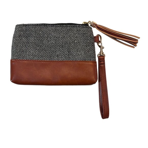 Funky Monkey Greta Wristlet Clutch Herringbone Faux Leather Tassel Zip Strap - Picture 2 of 9